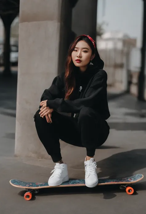 Chinese girl leaning on a pole with a skateboard, She is seen wearing streetwear pieces, Woman in streetwear, female streetwear blogger, streetwear fashion, skateboarder style, 2 techwear women, hiphop urban inspired, street clothing, Stand on a skateboard...