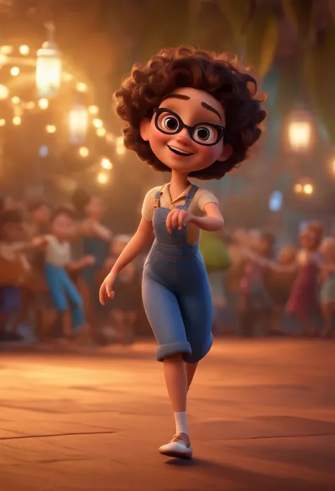 Pixar style image with 3D character white glasses brunette woman short curly hair dancing, Maquiagem Disney,Pescador, bonitinho, sorridente ,Close-up, Pixar, Disney, Cinema lighting,