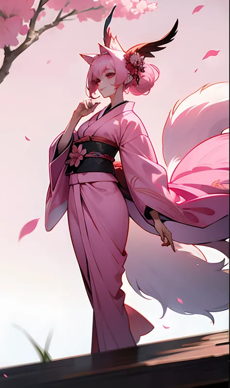 Mulher de peito grande e corpo enorme de 1,70 tall 9-tailed humanoid fox wearing a pink kimono while walking pink eye