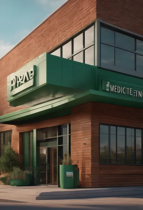 Pixar 3D style drawing of a medical clinic with the name Salutte Medical Center, com as cores branca e verde escuro, com um carro da empresa em frente