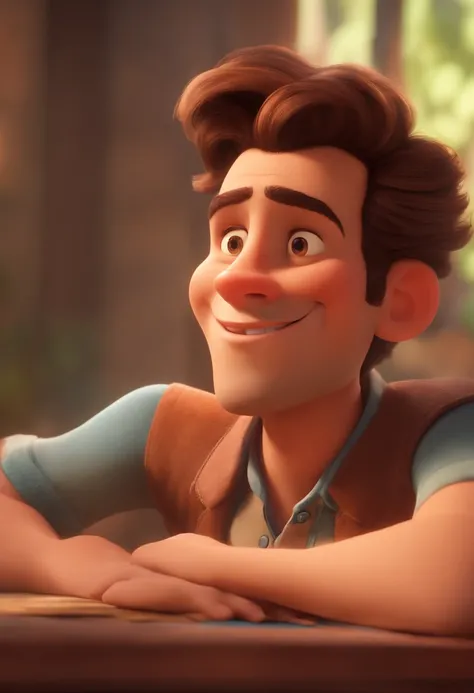 Image of a man 30 years old for a story in a YouTube video in Pixar format, Hes the little allabester, Hes the class leader, Hes outgoing, Playful and gets up for a lot of things, cabelo curto