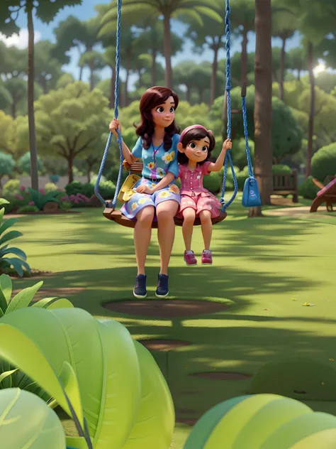 Estilo Pixar,  Cheerful mother and daughter sitting on swing, em um dia de sol no parque, brincando,