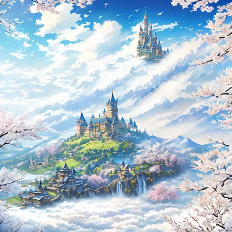 ​masterpiece、hightquality、Realistic、landscape shot、life-like、A detailed、Like the photo、Castle shining in the sky、Castle of the God of the Sky、Castle in the Sky、Flying Castle、Castle of Glory、Castle above the clouds、The cherry tree々A lush castle surrounded b...