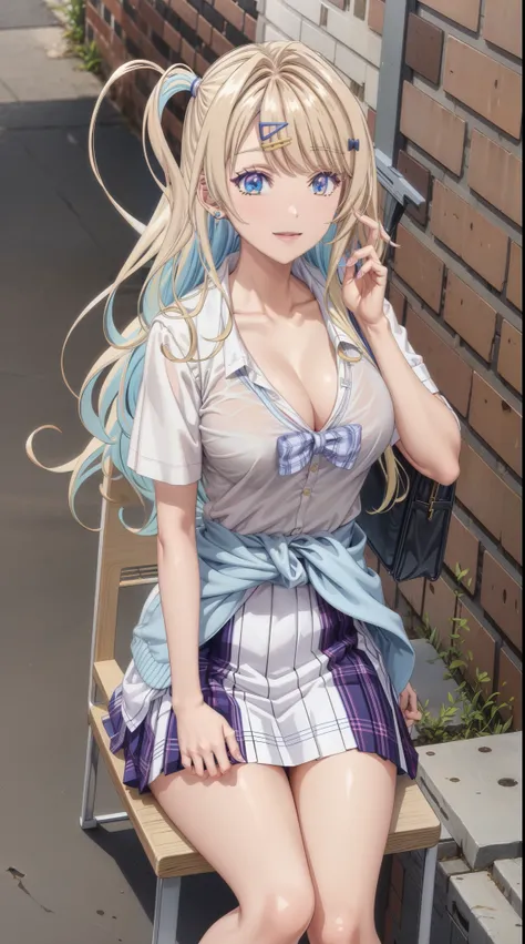 (masterpiece, best quality), ShirakawaRuna, 1girl, blonde hair, colorful hair, bangs, one side up, long hair, blue eyes, hairpin, jewelry, earrings, (big boobs), gyaru, cleavage , collarbone, school uniform, white shirt, short sleeves, bow, blue skirt, pla...