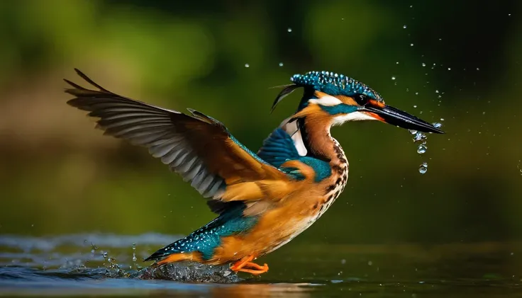 A kingfisher flies over the water，Fish in the mouth，Water droplets fly，Features，Natural soft light，《National Geographic》photore，In the forest，looking menacing, Surrealists, Photogram, Very high resolution photos，Canon RF600 F4L