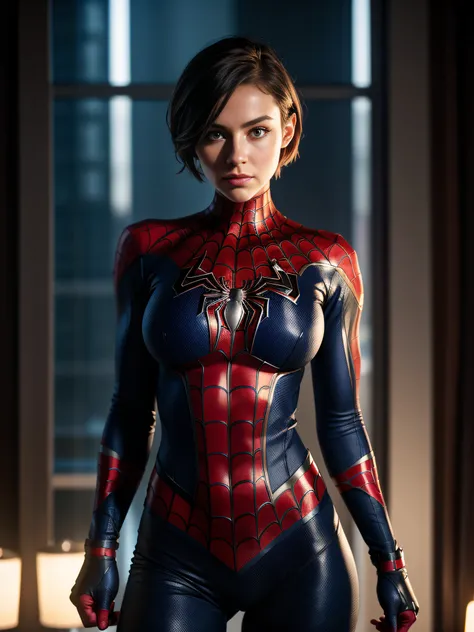 Professional Whole Body Photo, (Photo 4K:1.1) by (Jeremy Lipking:0.3), (Dittmann Anna:0.3), (Cecile:0.3), (Sharp Focus:1.3), High Detail, Woman in Spiderman Outfit, Spiderman, Pretty Buttocks, Short Hair, Instagram Pattern Pose, Confident, Slim Girl, big t...