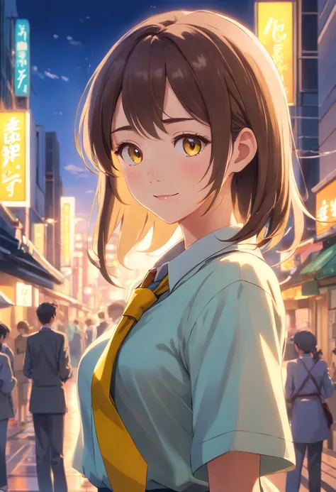 "A cute anime character named Lucy wearing a uniform with a yellow necktie, resembling Harue Hiroshis style, in the style of an anime character, with visuals similar to a cute girl, drawn by Koji Nagato, with vibrant colors and vivid details, featuring lon...