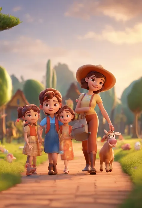 Estilo Pixar: Familia, Um pai, A mother and two girls. Uma menino de 6 anos e outro de 2 anos . Uma fazenda com vacas lindas e marrom .