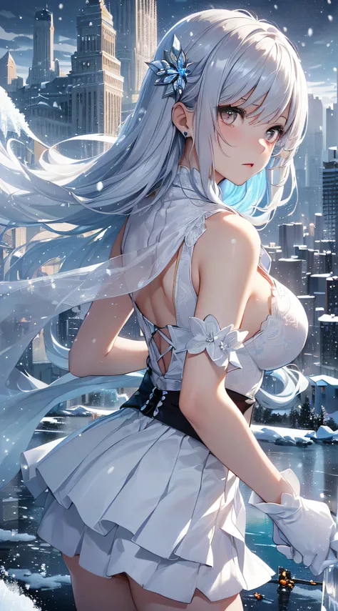 top-quality、Top image quality、​masterpiece、girl with((18year old、Best Bust、Medium bust、Bust 85,beautiful silver eyes、Breasts wide open,Semi-long hair in white silver、A slender、Large valleys、Reflecting the whole body、White Japanese Clothing、White short skir...