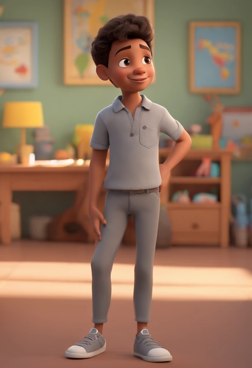 Image of a boy in gray shirt and gray pants ,for a story in a YouTube video in Pixar format, Hes the little allabester, Hes the class leader, Hes outgoing, Playful and gets up for a lot of things