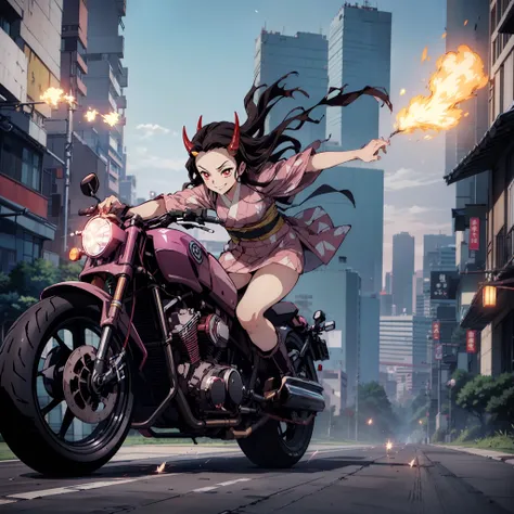 (masutepiece, Best Quality:1.2), kimetsu no yaiba style, Kamado Nezuko, (1girl in, Solo), 20yr old, Full body, (Black and pink kimono), (bare legs, short boots), (red demon horns, Red Eyes), Evil smile, BREAK (driving motorcycle on the city with high speed...