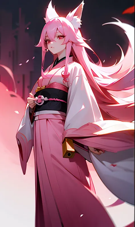 Long pink hair and medium-breasted woman wearing a kimono while walking pink fox with pink eyes nine-tailed humanoid fox,1,70 altas