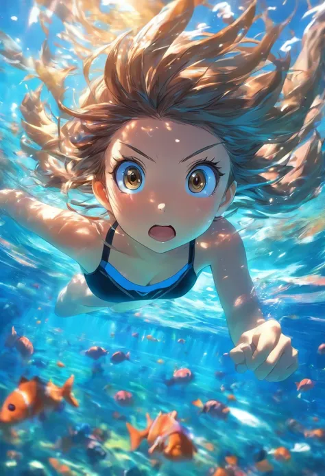 foreshortening,  profundidade de campo, master part, best quality, 1girl, brown hair, olhos castanhos,  cabelos longos, underwater, bolha de ar, sozinho, Olhando para o Viewer, school school swimsuit, swimming,  luz solar fraca,