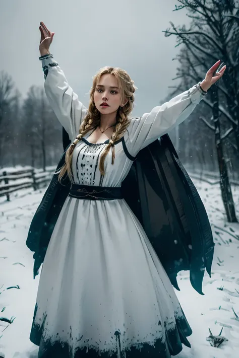 (best quality, highres, ultra-detailed), (HDR), (realistic:1.37), a woman with blond hair tied in a braid wearing classic Slavic white dress and black cape with arms raised up, standing, dark winter night, snowing, dark theme full body magic medieval forgo...