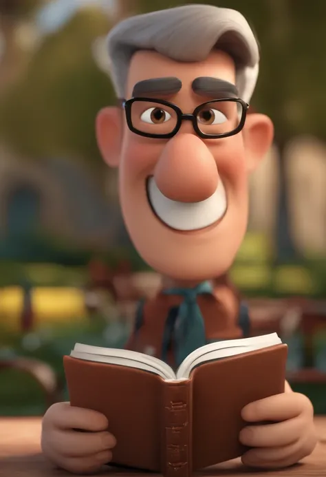 Criar uma imagem de um homem de 46 anos professor, sorrindo, usando oculos retangular, sendo musculoso. Na imagem o homem deve estar segurando livros. o estilo da imagem deve ser ser pixar- disney 3 d. Caractere estilizado, animation style rendering, 3D es...