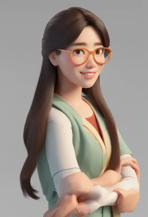 Pixar style image with 3D character white glasses asian woman long straight hair in a hospital, Maquiagem Disney,vestida com um jaleco branco,sorridente ,Close-up, Pixar, Disney, Cinema lighting,