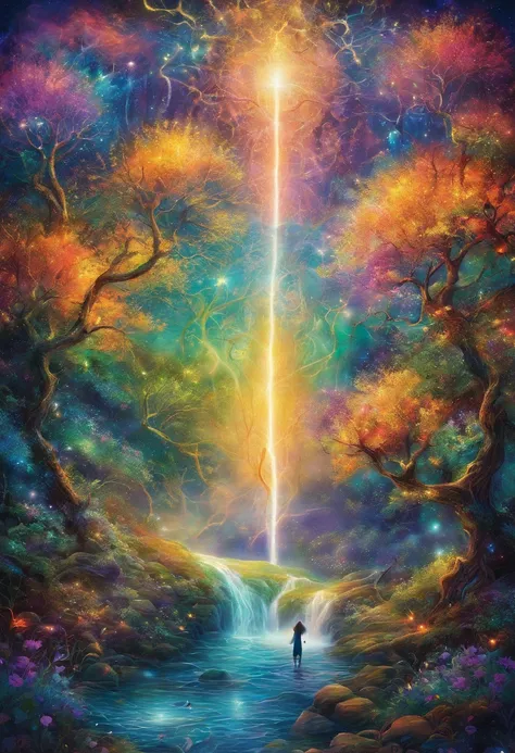 Girl casting a mysterious glowing spell, Fantasy Rainbow Forest, cores vibrantes, etherial lighting, folhas detalhadas, magical ambiance, Mesmerizing visions, Ambiente de sonho, brilho cintilante, flowing robe, A little piece of magic, Ethereal creatures, ...