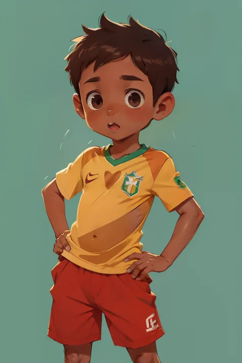 Lucas, um menino de 8 anos, fofo, Brown skin, olhos alegres e gentis, fun, segurando uma bola de futebol, Vestindo a camisa do Brasil