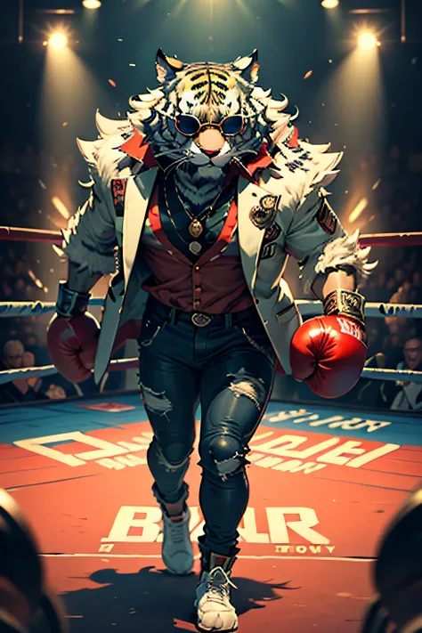 tiger in teken gamer style, ultra detailed, wearing psychedelic sunglasses, in a boxing ring, wearing a masquerade-themed blouse, full body, pants ripped at the knees, image 4k