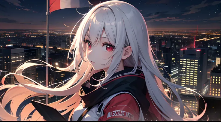 (masutepiece), Red pupils, a very pretty girl, Cute, deep in the night, Windswept and cloudy, Overlooking a high perspective, in night, Light floating above the sky，Armband with the flag of Japan，Flag of Japan in the background