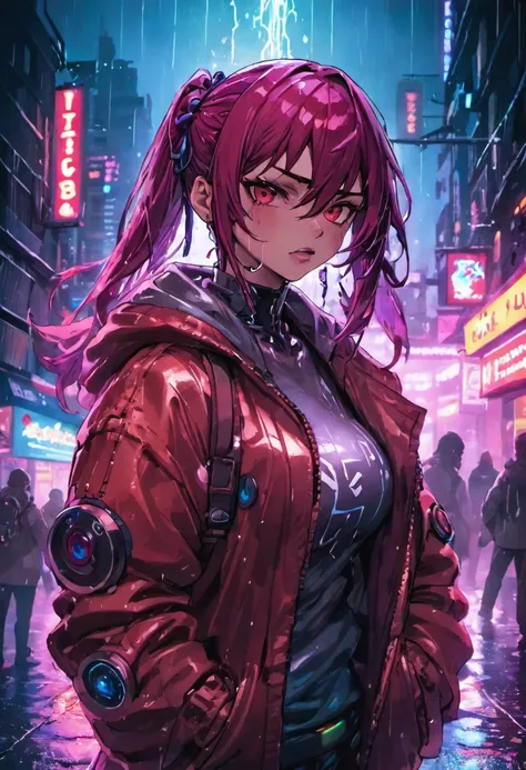 fotografia de close-up, jovem mulher cyberpunk confiante com cabelos loiros e brancos em um coque, usando um capuz com desenhos vermelhos e azuis, on a rain-soaked street at night, fotorrealista, Cinematic lighting