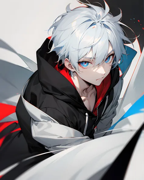 Boy, anime style, a combination colour of white and black on his hair, his right eyes is red and the left is black, using Hoodie with combination colour of white and black.