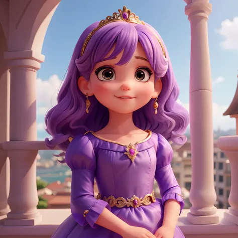 Menina de 6 anos com cara de princesa, cabelos pretos, pela claro, rosto delicado e bonito, dressed in a beautiful purple princess dress with shiny details and is on a balcony