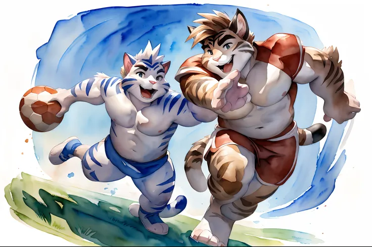 Hominidae, Pose for Camera. 4K, high resolution, Best quality, posted on e621, (Two anthropomorphic cats:1.2), anthropomorphic cat, male people, 20yr old, Thick eyebrows, White fur, shaggy, Strong body, large pecs, ((Shirtless)), They play football togethe...