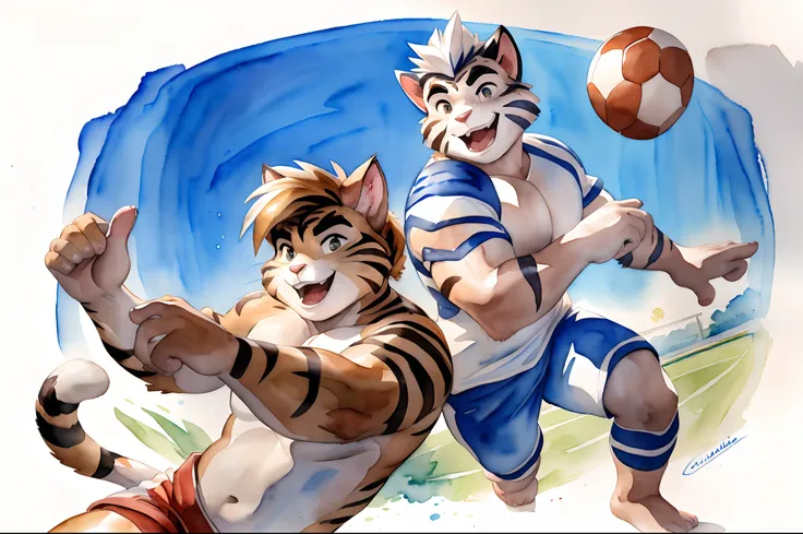 Hominidae, Pose for Camera. 4K, high resolution, Best quality, posted on e621, (Two anthropomorphic cats:1.2), anthropomorphic cat, male people, 20yr old, Thick eyebrows, White fur, shaggy, Strong body, large pecs, ((Shirtless)), They play football togethe...