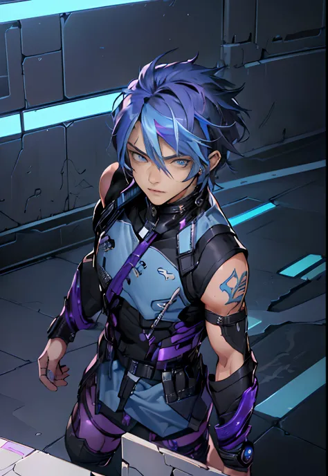 (best quality, high resolution, hyper detailed, 4k, masterpiece), original character, 1 boy, (short blue hair, streaked purple hair, futuristic combat uniform, detailed light blue eyes), cyberpunk, stylish