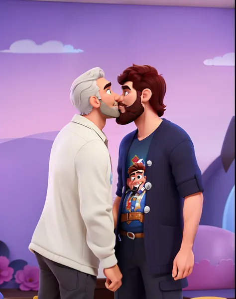 Homem loiro beijando homem com barba, estilo Disney pixar ,alta qualidade,melhor qualidade