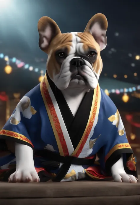 The 3d artwork  8k of cute bulldog American do ,wearing detailed details back kimono with Black Belt  and Brazil flag on the t-shirt full of vitality,
Background of the image Black with thunders
study 3d game art, fisheye 
lens,C4D,blender,octane rendering...