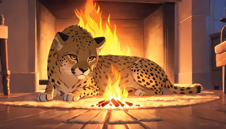 Cheetah in the house,lying by the fire