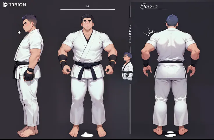 ((1boy_only)), charturnerv2, character_turnaround, character_sheet, ((3views)), reference_sheet, (chubby:1.2, stocky:1.2), ((white judo gi)), ((same_character, same_outfit)), barefoot, ((long pants)), (bara:1.2), (shota:0.25), buzz_cut, full body shot, ((c...