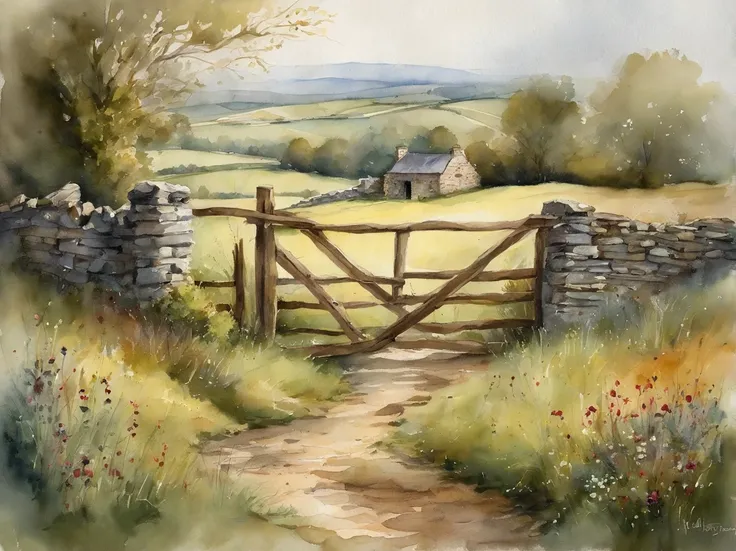 foreground wooden farm gate in old dry stone wall with grass and plants. middle ground English rural farmhouse and trees with a field in front with scattered wildflowers and a path to the gate. atmospheric sky in the background. hi res. realistic.