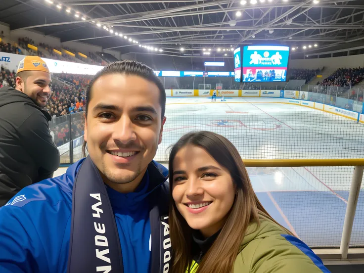 They are posing for a photo in front of a hockey rink, Postagem no Reddit, divertindo-se, Espoo, imagem de perfil, 8k!, standing in an arena, Foto Octane 8K, Divirta-se, imagem do avatar, foto de perfil, Postagem 4k, 4 k post, parecendo feliz, octa 8k |, t...