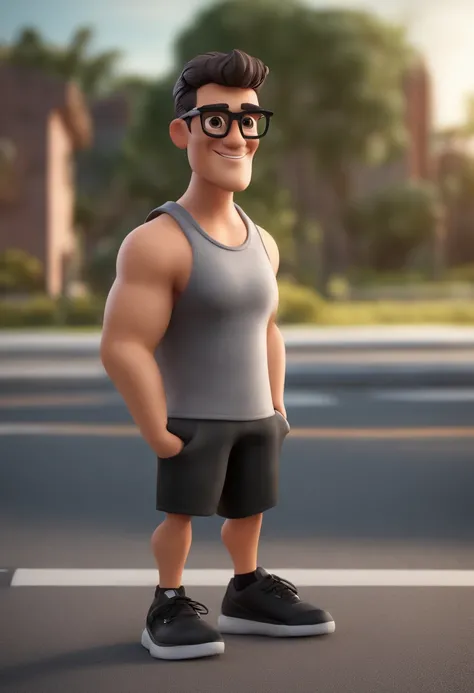 Cartoon character of a man wearing black glasses, a tank top, shorts, gray sweatshirt and black sneakers, cabelo curto, orelha pequena e boca grande, um personagem animado, Caractere estilizado, animation style rendering, 3D estilizado, Arnold Maya render,...