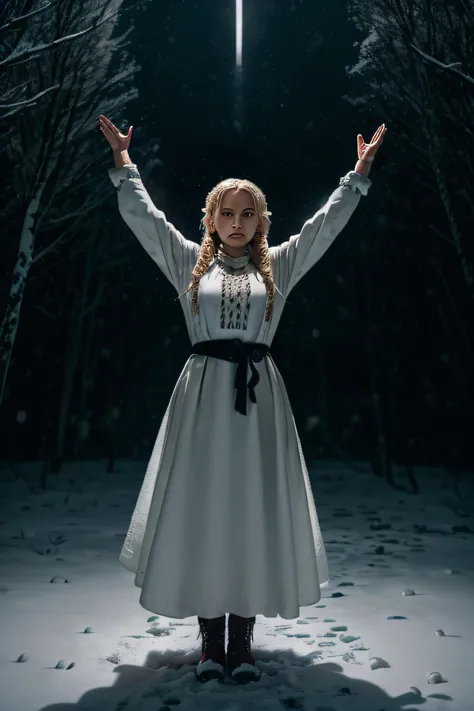 , a woman with blond hair tied in a braid wearing classic Slavic white dress and black cape with arms raised up, standing, dark winter night, snowing, dark theme full body magic medieval dark theme mistery