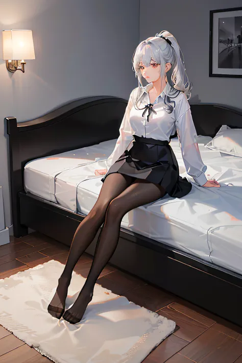 (((1 girl)),ray tracing,(dim lighting),[detailed background (bedroom)),((silver hair)),((silver hair)),(fluffy silver hair, plump and slim girl))) with high ponytail))) Avoid golden eyes in the ominous bedroom ((((girl wears a white shirt, black wrinkled s...