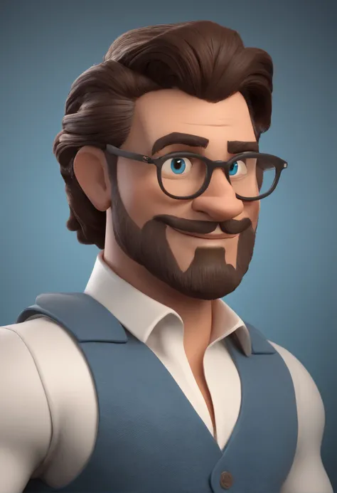 Personagem de desenho animado Disney /Dicks of a man with discreet glasses, cabelo muito curto castanho clato, Tipo de corpo ligeiramente acima do peso, sem barba e uma camisa azul, animation character, Caractere estilizado, animation style rendering, 3D e...