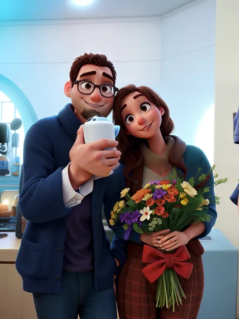 Couple with brown eyes holding hands pixar style