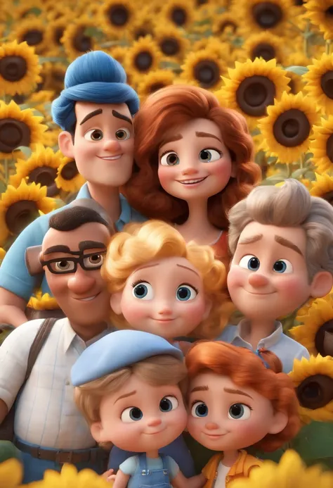 Create a Disney PIXAR-style 3D poster. ((centro da imagem, Pai, mami, brother and sister)), ((2 adults and 2 children)) ((1 homem, 1 mulher 1 menino e 1 menina ao lado, Theyre hugging each other, O menino tem pele castanha e cabelos castanhos encaracolados...