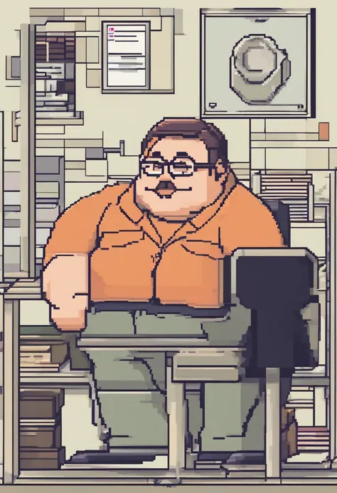 portrait of a chubby programmer sitting front of computer, best quality, photorealistic, masterpiece