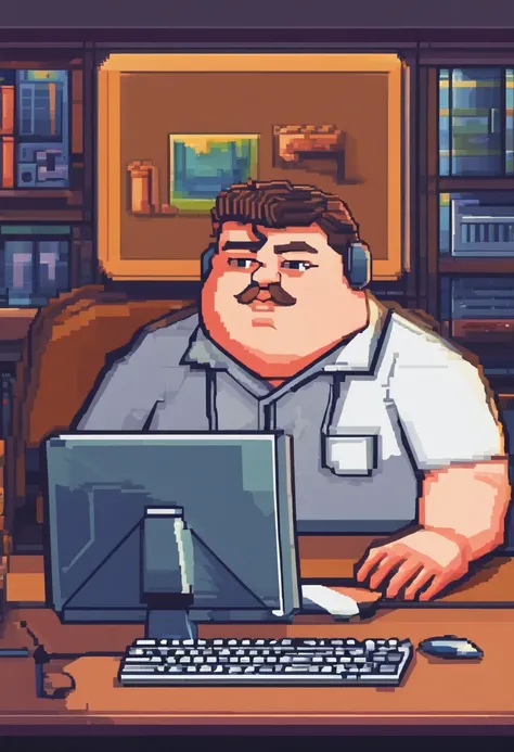 portrait of a chubby programmer sitting front of computer, best quality, photorealistic, masterpiece