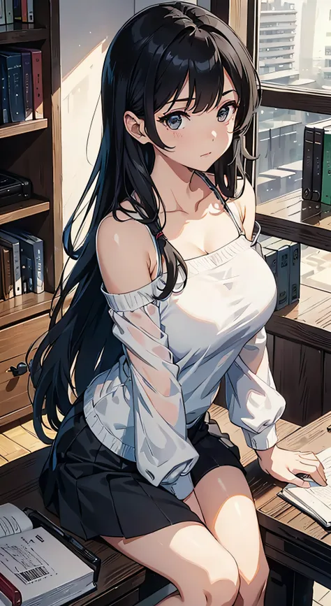 （tmasterpiece），（best qualtiy），（highly  detailed），（illustratio），（超高分辨率）one-girl，Off-the-shoulder attire，ssmile，(Off-the-shoulder attire)，tutor，Black color hair，straight long hair，white  shirt，Mature woman，huge tit，scowling，Top-down view，Close-up shot，booksh...