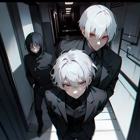 White hair, short hair, red eyes, dark eyes, teenager, glowing eyes, handsome male, male protagonist, , detective like suit, dark hallway background, dark grey energies