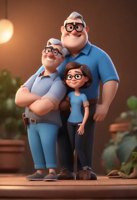 Cartoon character of a couple in black glasses and blue shirt, chubby man with gray hair a pixar type animated character, Stylized character, animation style rendering, 3D stylized, Arnold Maya render, 3 d render stylized, toon render keyshot, 3D Character...