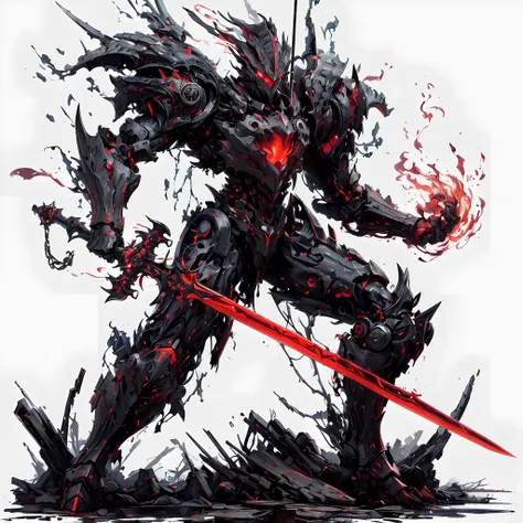 (masutepiece), (Perfect athlete body:1.2), Full body, Knight of the Mechanical Life Form, Feminine figure, Black Armored, holding blade, Red Six Eyes, Fangs facing large jaws, Fiery fist, Mechanized limbs, White background, Whole body, Stand on rough terra...