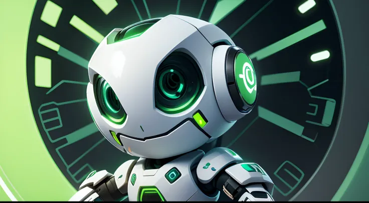 little white and green robot with a friendly face holding a cellphone showing the screen with symbols and details in green