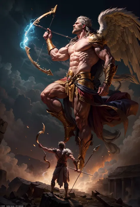 battle of the gods, the world was destroyed, zeus and hades are at war，the giant titan holds his bow and prepares to shoot golde...